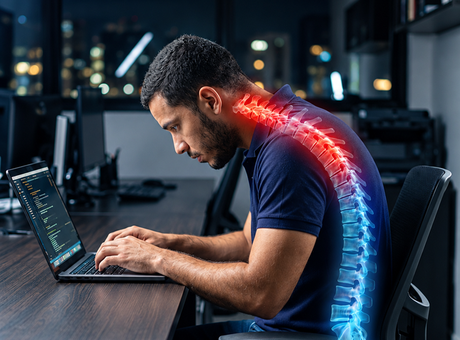 Homem trabalhando ao computador em postura inadequada