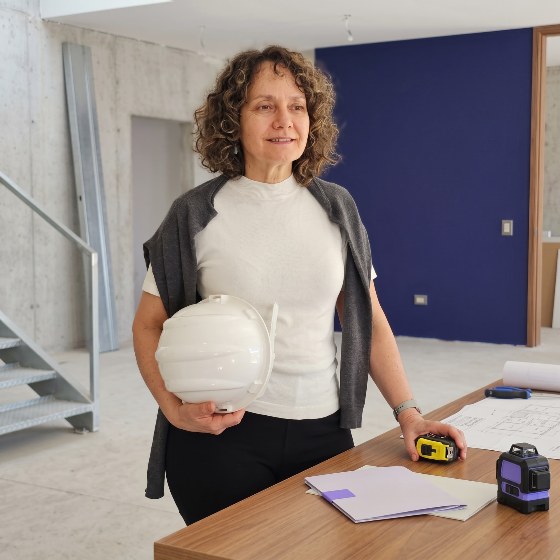 Profissional em obra segurando capacete branco